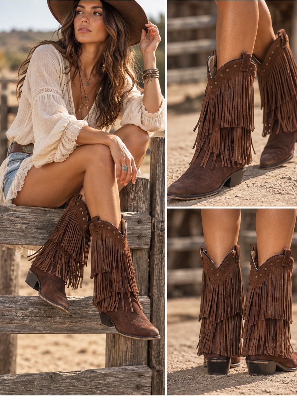 Shyanne Brown Suede Double Fringe Western Cowgirl Boots Size 6